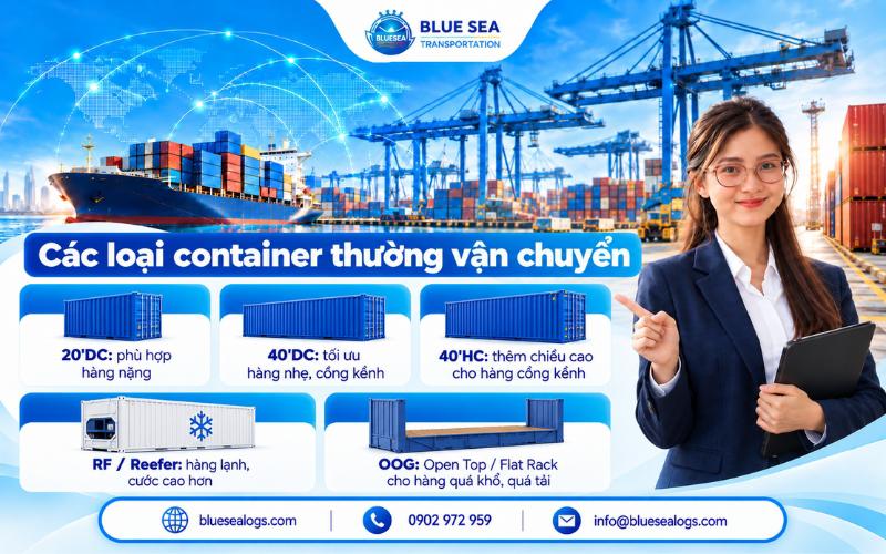 Các loại container 20 feet, 40 feet, 40HC, container lạnh và container quá khổ