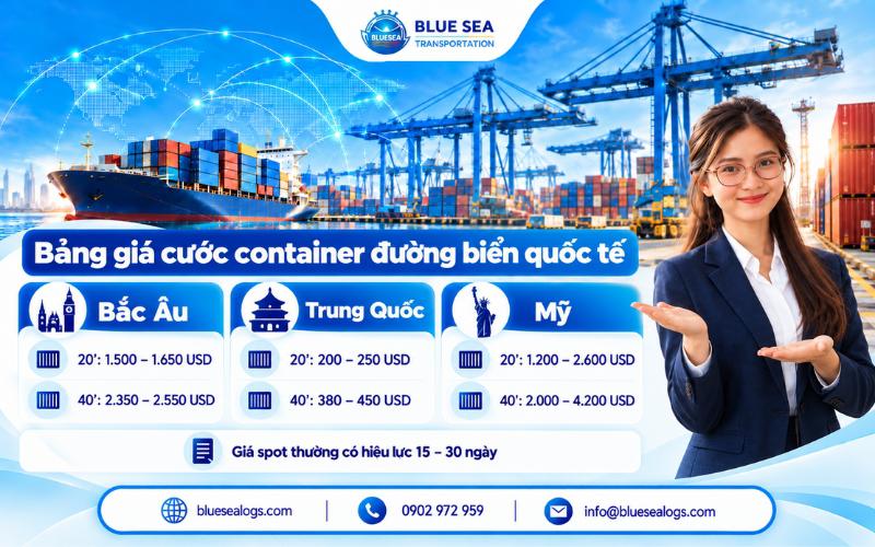 ontainer đường biển quốc tế đi Châu Âu, Trung Quốc và Mỹ theo USD