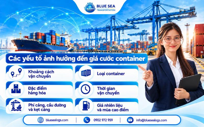 Các yếu tố ảnh hưởng đến giá cước container gồm cự ly, loại container, nhiên liệu và mùa cao điểm