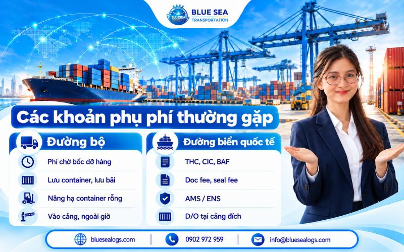 Các khoản phụ phí thường gặp khi vận chuyển container như nâng hạ, lưu bãi và THC