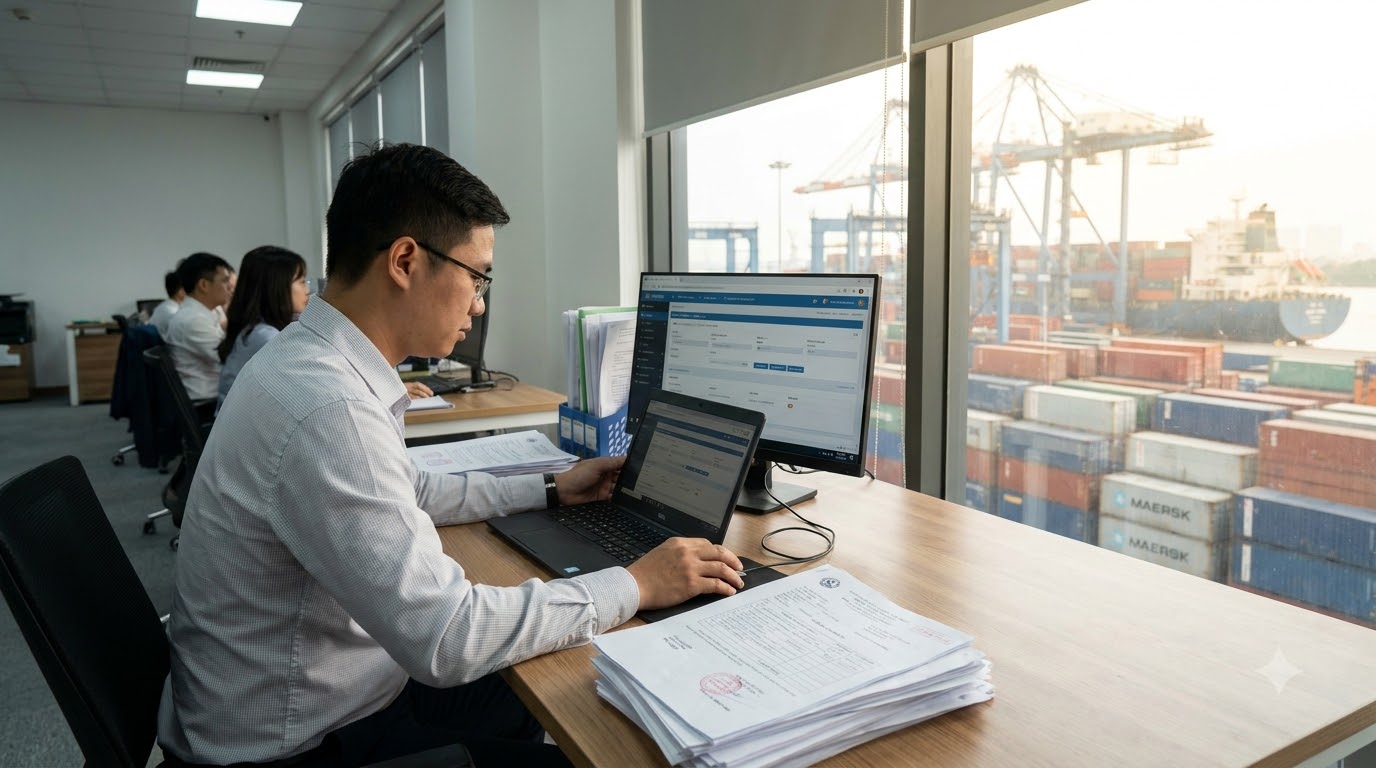 Nhân viên logistics kiểm tra chứng từ và hàng hóa