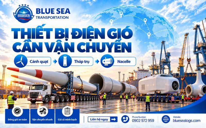 Các cấu kiện điện gió cần vận chuyển cánh quạt, nacelle, tháp, hub, máy biến áp, cấu kiện offshore