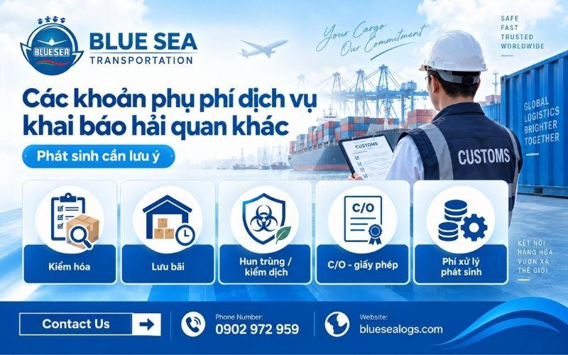 Các khoản phụ phí hải quan phát sinh như phí lấy C/O phí bốc xếp và lưu bãi cảng