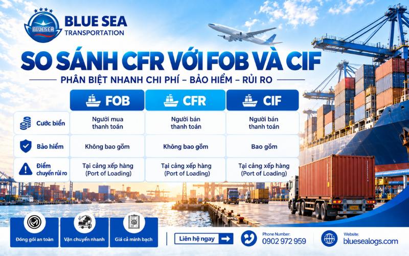 Bảng so sánh điểm giống và khác nhau giữa ba điều kiện CFR FOB và CIF trong Incoterms