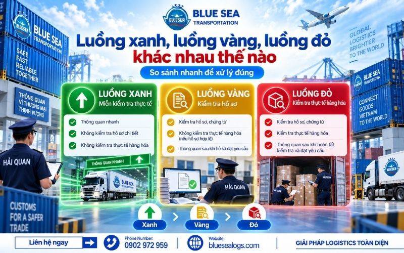 Bảng so sánh mức độ kiểm tra của luồng xanh luồng vàng và luồng đỏ hải quan