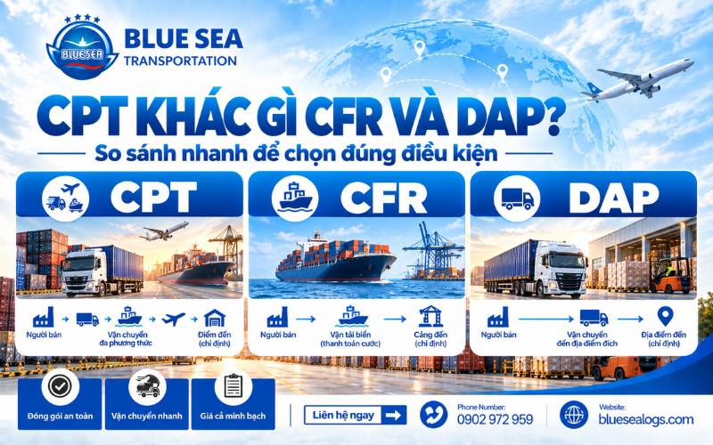 So sánh điểm khác biệt về phương thức vận tải và thời điểm chuyển giao rủi ro giữa CPT CFR và DAP