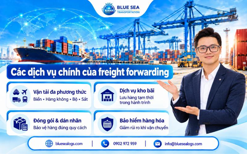 Các dịch vụ chính của freight forwarding gồm vận tải đa phương thức, kho bãi, đóng gói và bảo hiểm